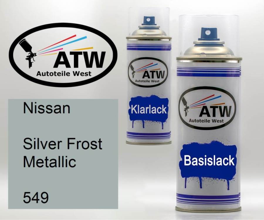 Nissan, Silver Frost Metallic, 549: 400ml Sprühdose + 400ml Klarlack - Set, von ATW Autoteile West.